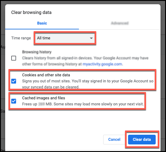 google clear cookies and cache