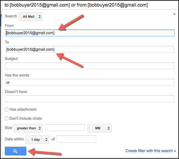 How can I search for emails associated with a contact or lead?