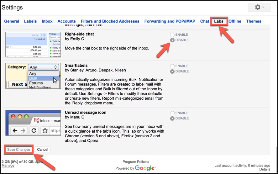 How do I disable Google Labs that conflict with Cirrus Insight?